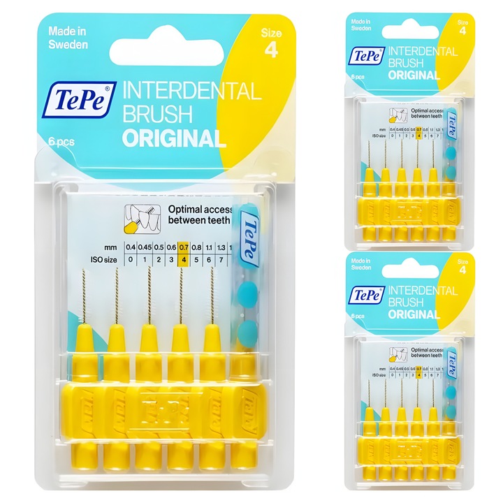 Set, Periute interdentare TePe 0.7 mm galbene, 3 pachete x 6 bucati, igiena zilnica, curatare spatii interdentare, aparat dentar, punti, implanturi