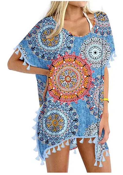 Mandala strandkardigán, sifon tunika, bojtos szegély, kék, univerzális méret