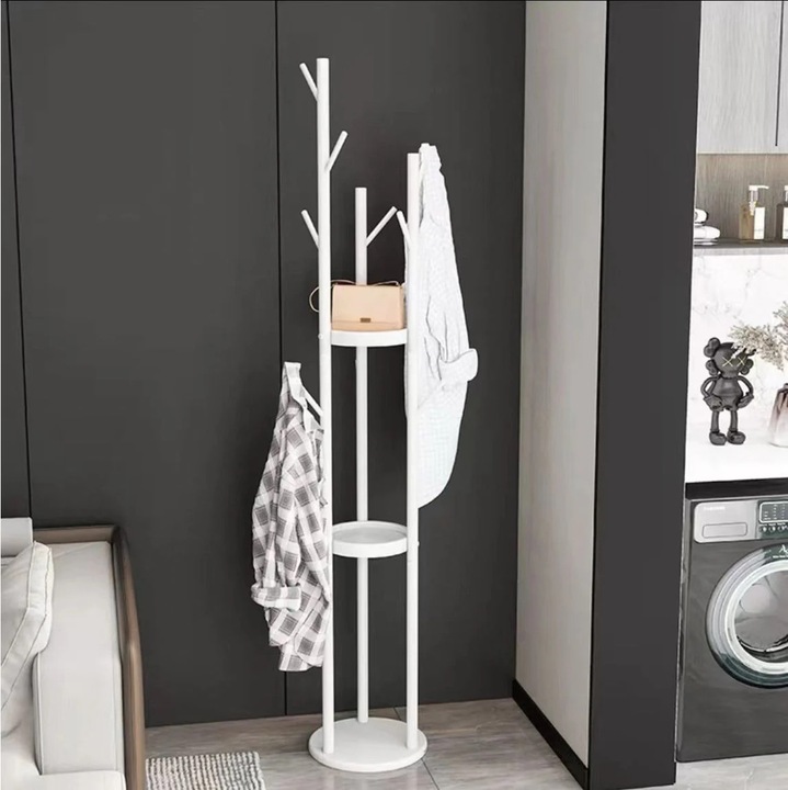 Vivendo Arany Fém Állófogas, 172.5 cm, 9 Kampó, 3 Polc, Márvány Talp, 10 kg Teherbírás, Szabadon Álló, Ruhák Kalapok Táskák, Előszoba Hálószoba Iroda, Polcos Fogas Szervezővel, Fehér