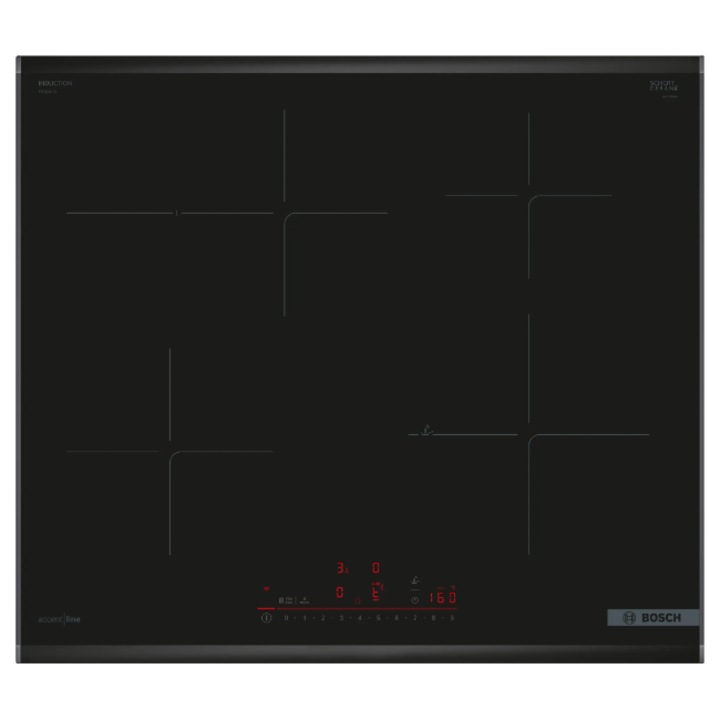Plita cu inductie Bosch Seria 6, 60 cm, 4 zone de gatit, control DirectSelect, PerfectFry Plus, RoasterZone, PowerBoost, Home Connect, functie Favorite, negru