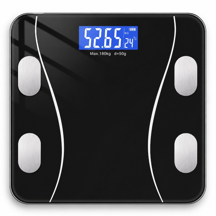 Cantar Inteligent Corporal, Analiza 8 Parametri, Bluetooth, Aplicatie Mobila, Capacitate 180 kg, 26 x 26 x 2.2 cm, Sticla securizata, Negru
