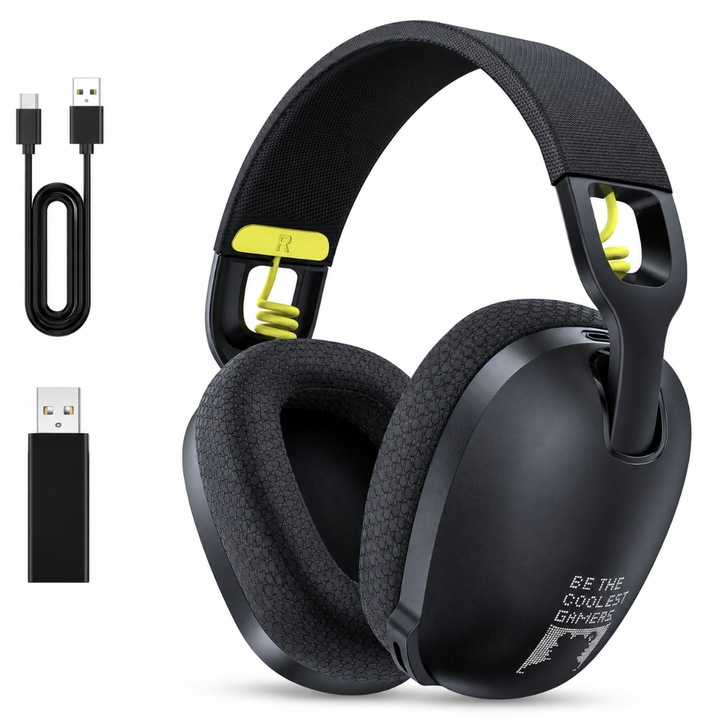 Безжични геймърски слушалки, Bluetooth 5.3, Over the Ear, 7.1 съраунд звук, Намаляване на фоновия шум, Контрол на силата на звука, Съвместими с Windows, MacOS, PS4, PS5, Nintendo Switch, Регулируеми, Черни