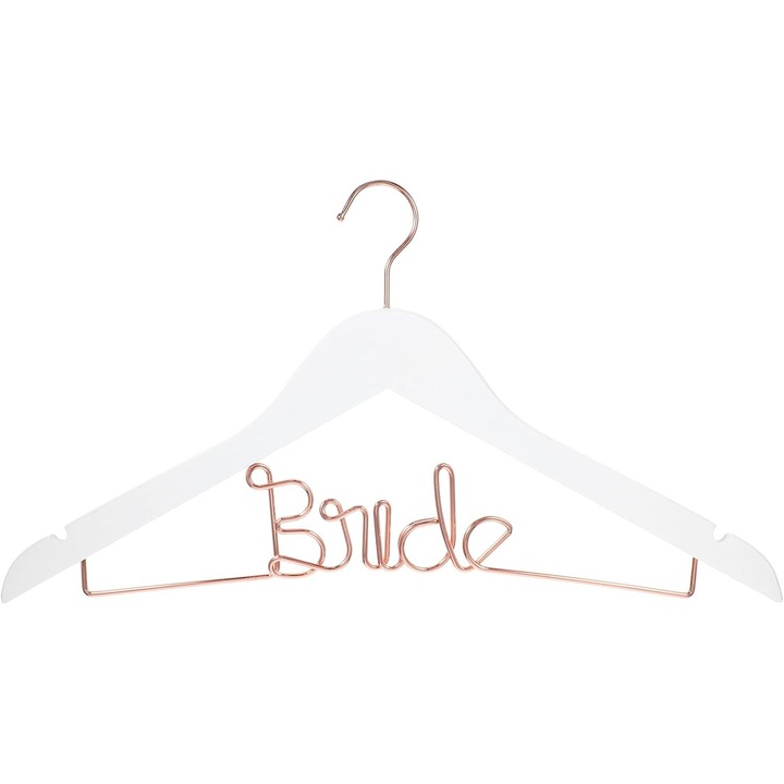 Elegáns „Bride” vállfa esküvői ruhához, Esküvői dekoráció, Fehér fa, Fém felirat, 44.5 x 23