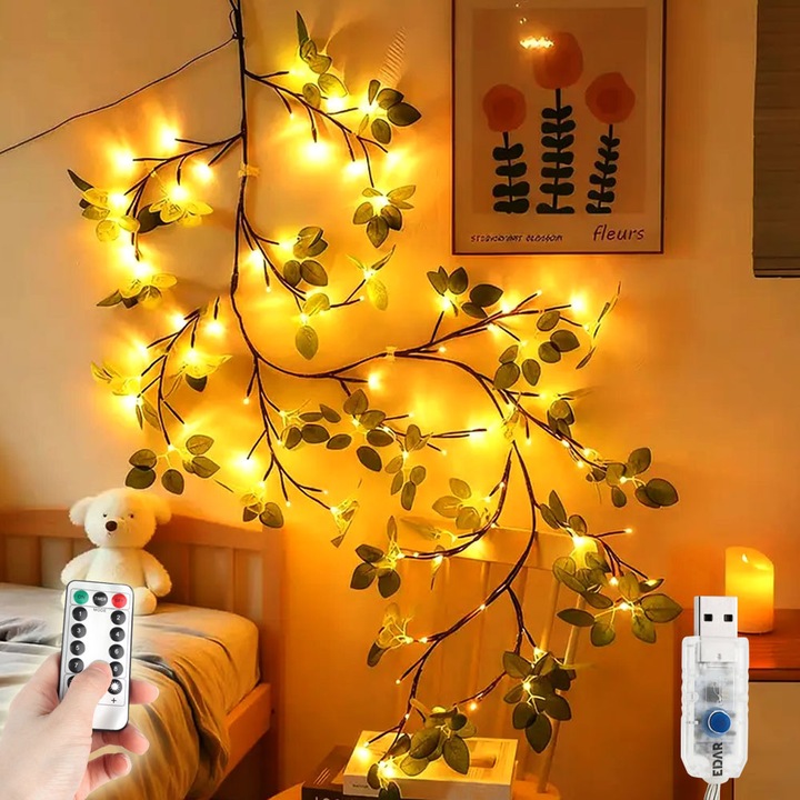 Ghirlanda Led Decorativa EDAR, Creanga Flexibilia, Luminoasa, Cu Frunze Verzi, Moduri De Lumina La Alegere, Alimentare Prin USB Si Telecomanda, Alb Cald
