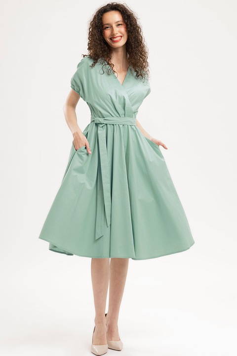CAMISSI, Rochie midi din bumbac cu croiala petrecuta, Verde pal