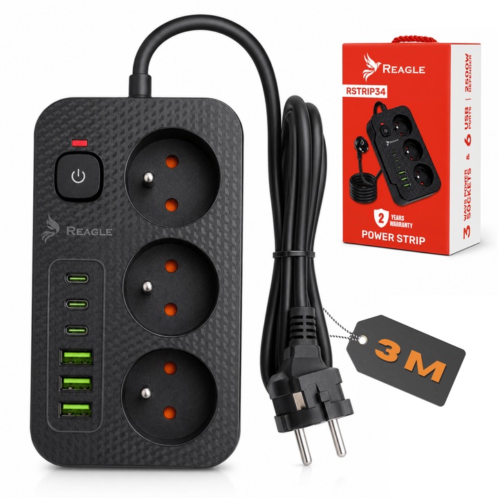 Разклонител REAGLE, 2500W, 3 контакта Schuko, 3 x USB-C, 3 x USB-A, Дължина на кабела 3м, Мед, H05VV-F 3*1, 5 mm², Превключвател с LED осветление, Защита от претоварване и пренапрежение, Огнеупорен материал, Заземяване, Защита за деца, Черен