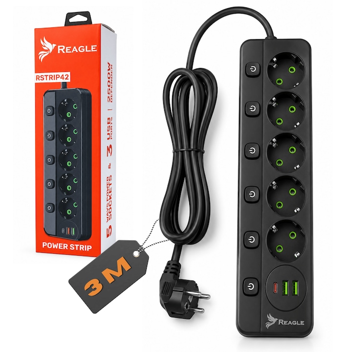 Разклонител REAGLE, 2500W, 5 шуко контакта, 1x USB-C, 2x USB-A, Дължина на кабела 3м, Мед, H05VV-F 3*1, 5 mm², Индивидуални превключватели с LED осветление, Защита от претоварване и свръхток, Огнеупорен материал, Заземяване, Защита за деца, Черен