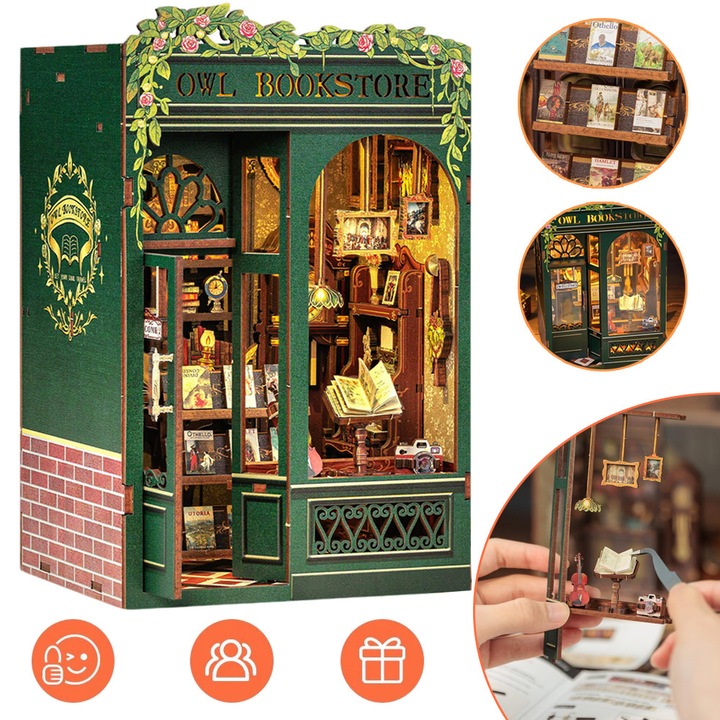 3D Puzzle Könyvsarok DIY, Bagoly Könyvtár, 3D Fa Puzzle Felnőtteknek, DIY Miniatűr Ház LED-del, Könyvespolc Dekoráció, Kreatív Ajándékok Tinédzsereknek és Felnőtteknek