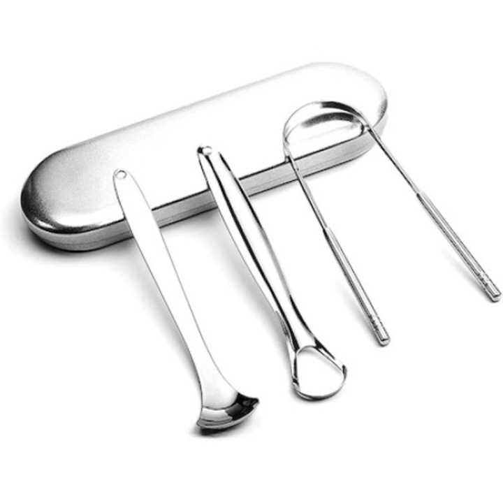 Set 3 ustensile curatare limba HERUSI argintiu inox 2.5x14.8cm 2.8x15cm 4x13cm