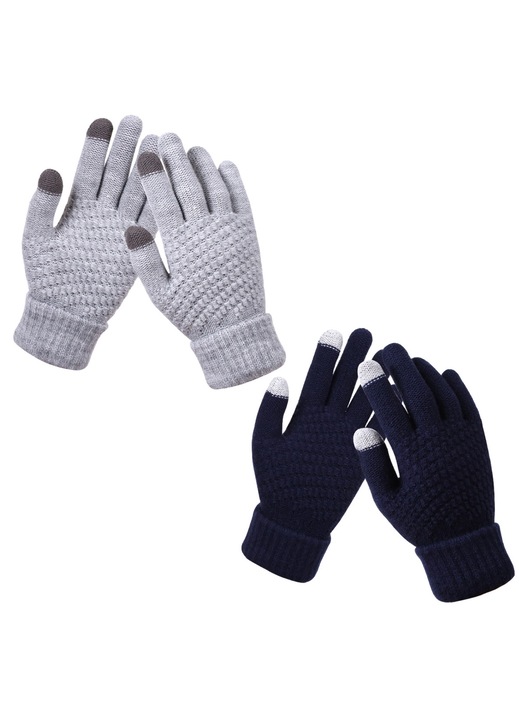 Manusi de iarna pentru femei cu ecran tactil, captusite cu fleece, tricotate, cu manseta elastica, pentru mesaje text, gri + cyan deasupra