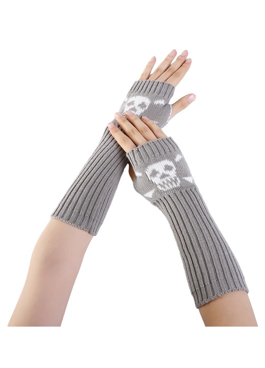 Hosszú ujjatlan kötött kesztyű csontvázzal, Unisex karmelegítő ujj, Halloween Punk stílus, Világosszürke