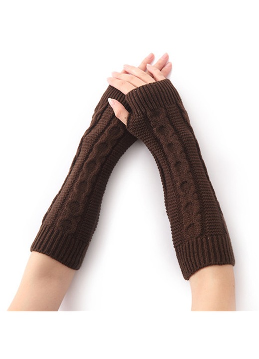 Manusi de dama lungi, calduroase, fara degete, peste cot, cu orificiu pentru degetul mare, din tricot, pentru incalzirea bratelor, Cafea