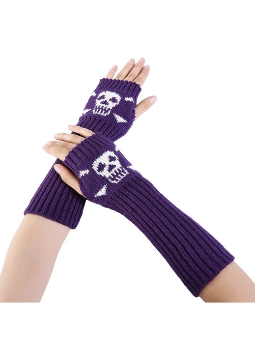 Hosszú ujjatlan kötött kesztyű csontvázzal, Unisex karmelegítő ujj Halloween Punk stílushoz, Lila