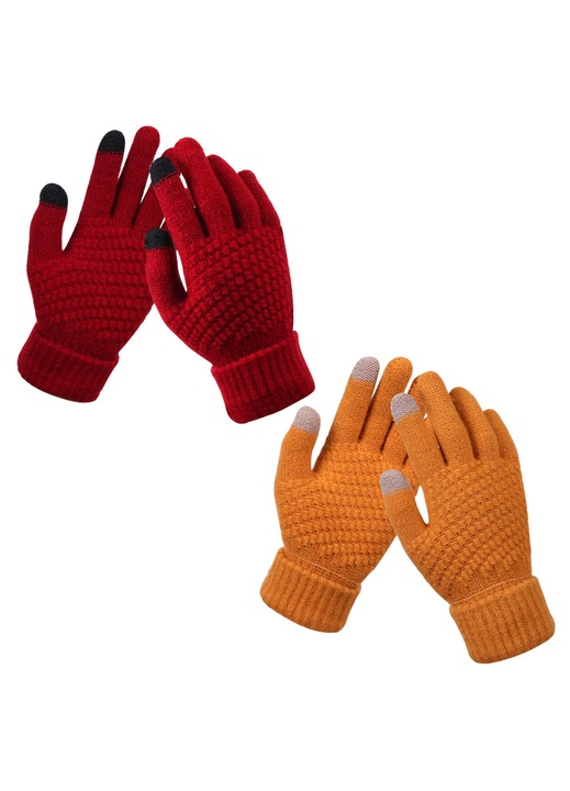 Manusi de iarna pentru femei cu ecran tactil, captusite cu fleece calduros, manusi tricotate cu manseta elastica pentru iarna, pentru mesaje, Rosu + Kaki