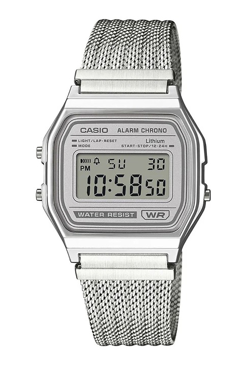 Casio, Szögletes digitális karóra hálós fémszíjjal, Ezüstszín