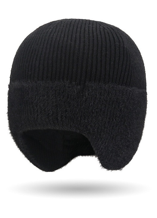 Férfi téli sapka Herusi, vastag kötött, fülvédős, unisex, fekete