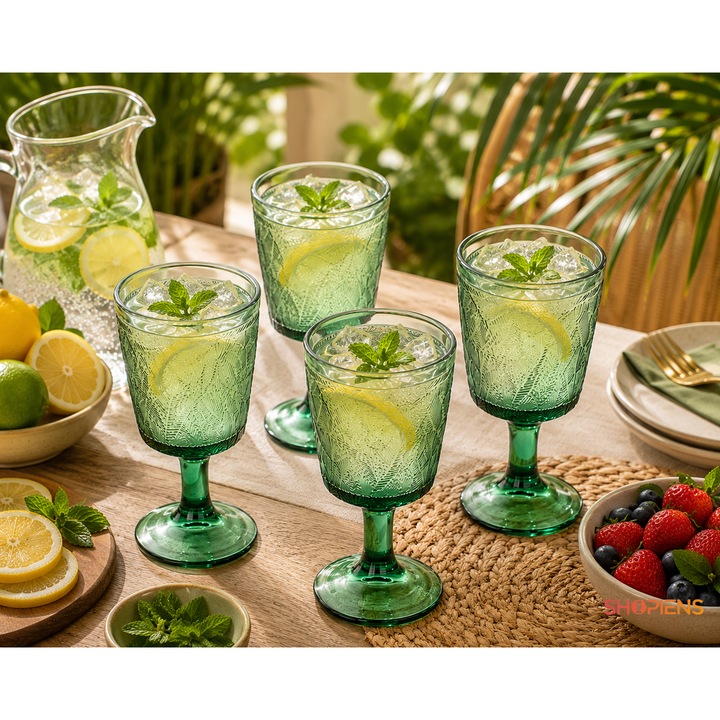 4 darabos szett, zöld üveg poharak talppal, trópusi dombornyomott levélmintával, vízhez, borhoz, limonádéhoz, koktélhoz, tálaláshoz, 335ml Shopiens®