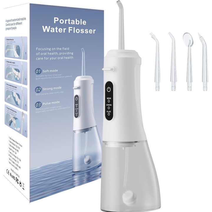 Irigator bucal HERUSI, portabil, 3 moduri, 4 duze, rotativ 360°, rezistent la apa