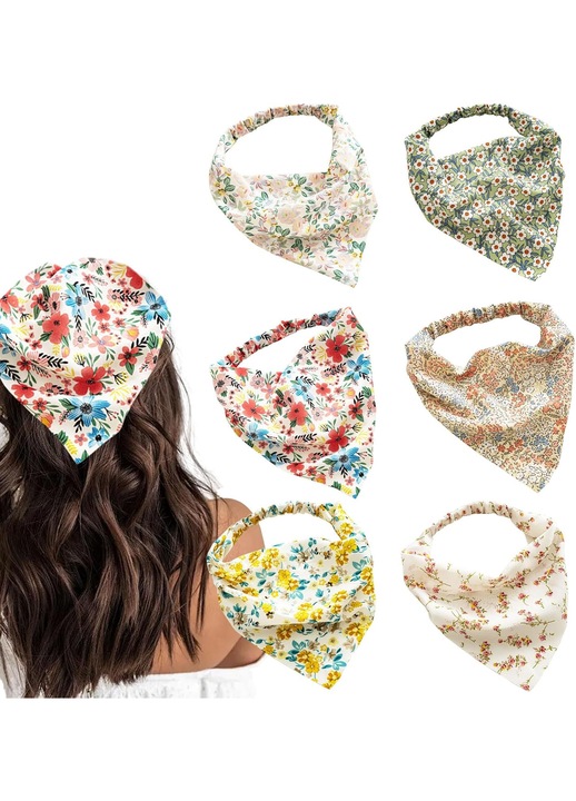 Set 6 bentite turban HERUSI, voal floral, elastic, multicolor
