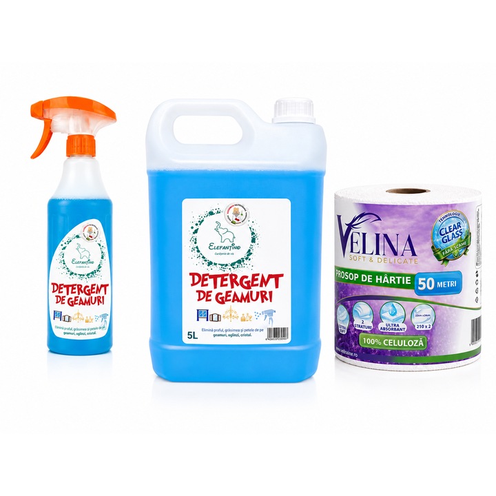 Elefantino Ablaktisztító Promóciós Csomag 5L Plusz Spray 750ml Plusz Velina Papírtörlő 50m