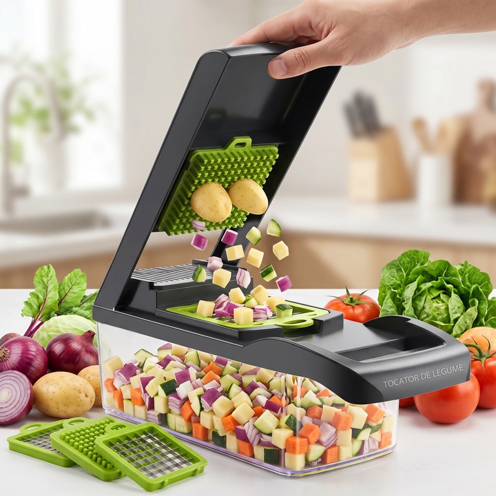 Tocator Manual Multifunctional pentru Legume, Cu Bol si Lame din Inox, Sistem de Tragere / Rotire, Taiere Rapida Fructe si Legume