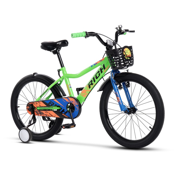 Bicicleta MTB Copii Speedy JSXR2005A 20", Roti Ajutatoare, Cos, Aparatori, Frane V-Brake fata, Tambur spate, Jante Aluminiu, Baieti 7-10 Ani, Verde cu albastru si portocaliu