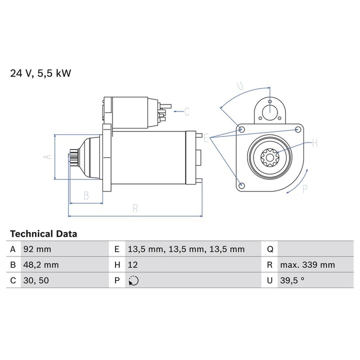 Електромотор Bosch 24V 5, 5kW Професионално Възстановен, 339xxx mm
