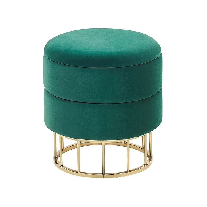 Taburet Elgin cu spatiu de depozitare, 37x37x42 cm, tapiterie din catifea, picioare din metal, capacitate 100 kg, verde inchis