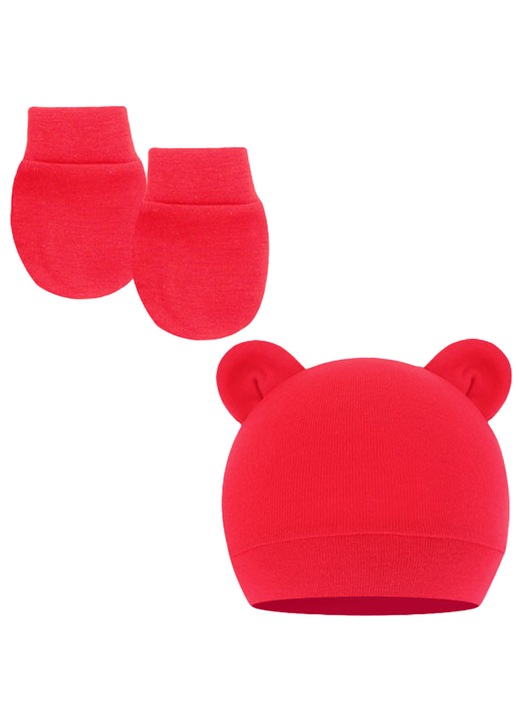 Set 2 piese caciuli copii Herusi bej rosu 0-12 luni ursulet elastic