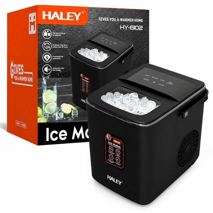 Haley HY-6102 Jégkészítő Gép, 100W, 12 Kg/24h, 9 Kocka/Ciklus, 1.8L Tartály, 2 Jégméret, Folyamatos Gyártás, Fekete