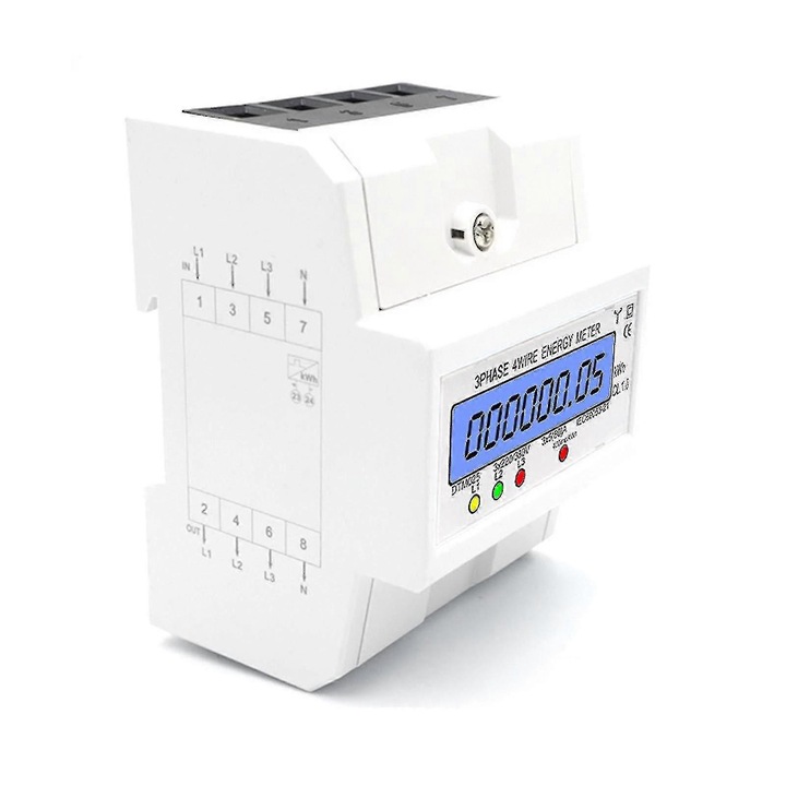 Háromfázisú energiamérő, 220/380V, 5-80A, megvilágított LCD kijelző, DIN sínre szerelhető, átlátszó fehér, 10x7.6x6.5cm