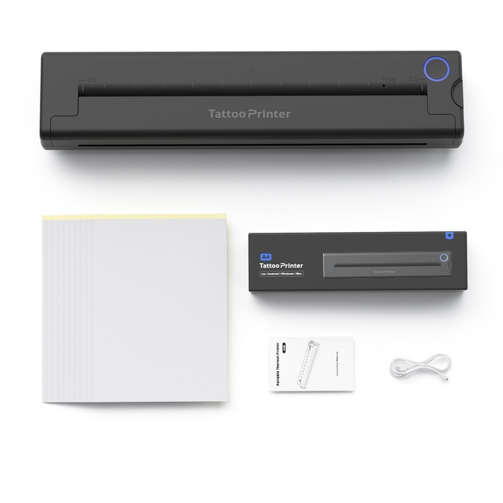 Vezeték nélküli Bluetooth hőnyomtató, tetoválások nyomtatására alkalmas, különféle helyzetekben használható, 266x59x30 mm, fekete