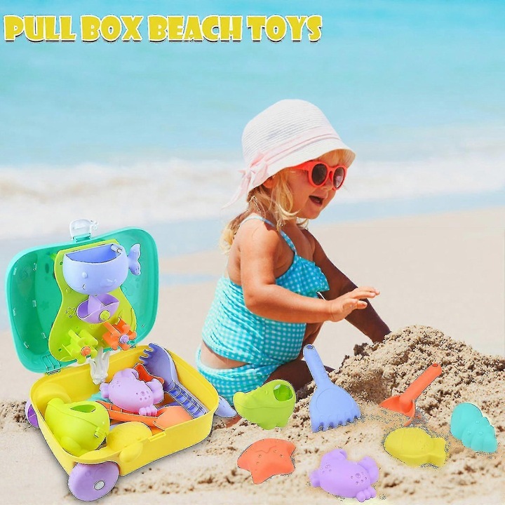Gyermek strandjáték készlet, 8 darabos, ABS, többszínű, bőrönddel