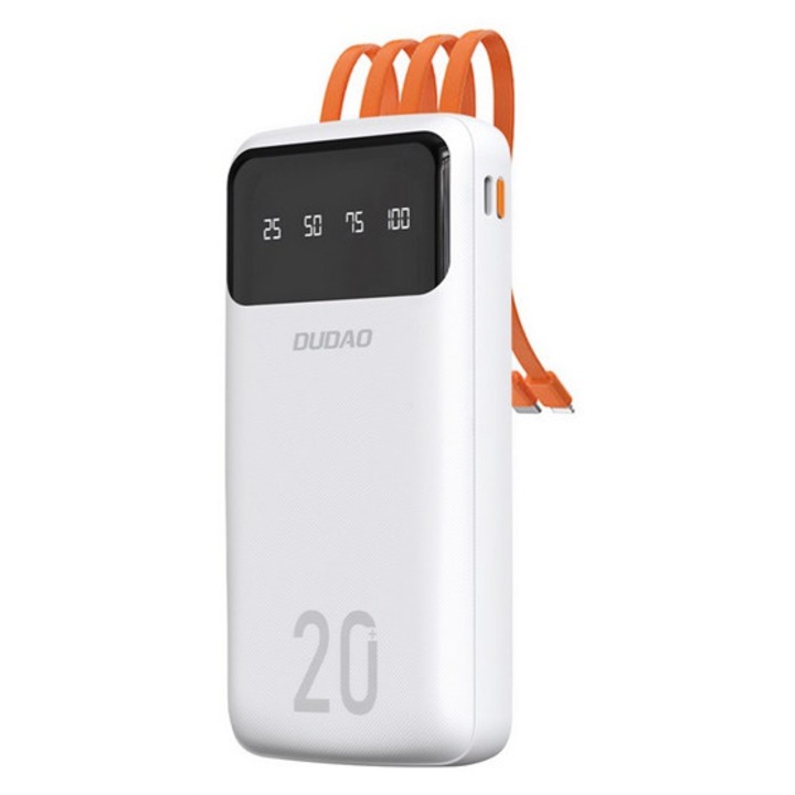 Dudao k6pro+ vésztöltő type-c aljzat, 20000mah, 10w, led kijelző + fix usb/type-c/lightning/microusb kábel, fehér