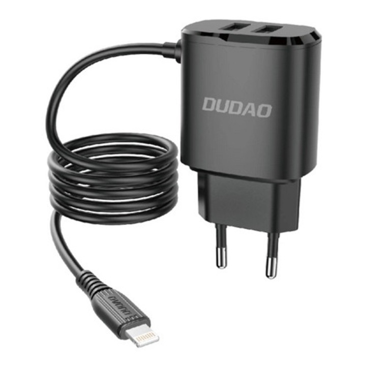 Dudao a67eu hálózati töltő 2 usb aljzat, 12w + fix lightning kábel, fekete