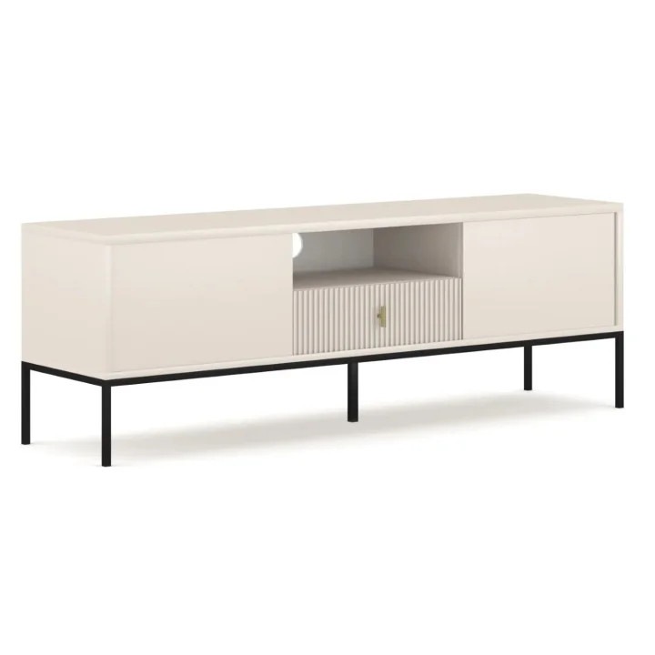 Maggiore RTV Komód, Meblolux, MDF és Forgácslap, Maratott Frontok, Fiókkal, Golyós Sínnel, Fekete Fém Lábak, Modern Design, Glamour Loft Stílus, Média Tárolás, TV Állvány, Kábelrekesz, Arany Fogantyú, 154x52x39 cm, Kasmír