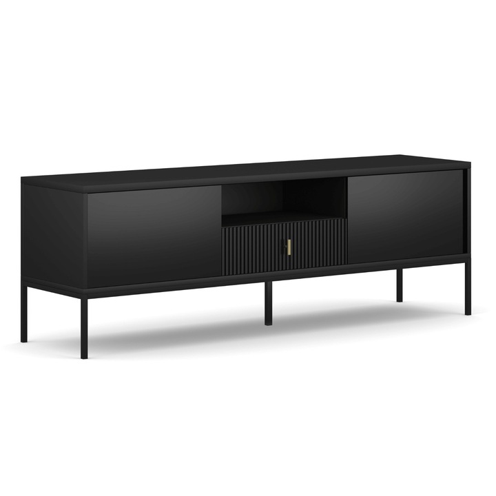 Komód 3D3S Maggiore, Meblolux, MDF és Pal anyagból, Matt mart frontok, 3 ajtó és 3 fiók, Fekete fém lábak, Modern design, Glamour Loft stílus, Nappali tároló, Arany fogantyúk, 154.5x39x82.5 cm, Fekete