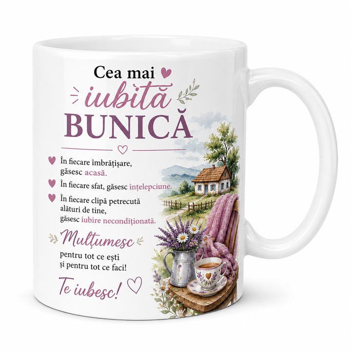 Cana Personalizata Cadou pentru Bunica „Cea mai iubita bunica”, Ceramica, 330 ml, Mesaj Emotionant, Design Floral si Rustic, Alba