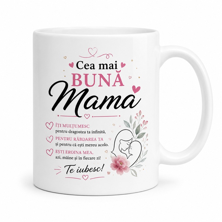 Cana Personalizata Cadou pentru Mama „Cea mai buna mama”, Ceramica, 330 ml, Mesaj Emotionant, Design Floral Roz, Alba
