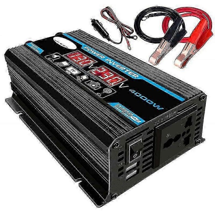 Autó inverter 4000W 12V-ról 220V/110V-ra, módosított szinusz, kettős USB, fekete, 161x112x56mm
