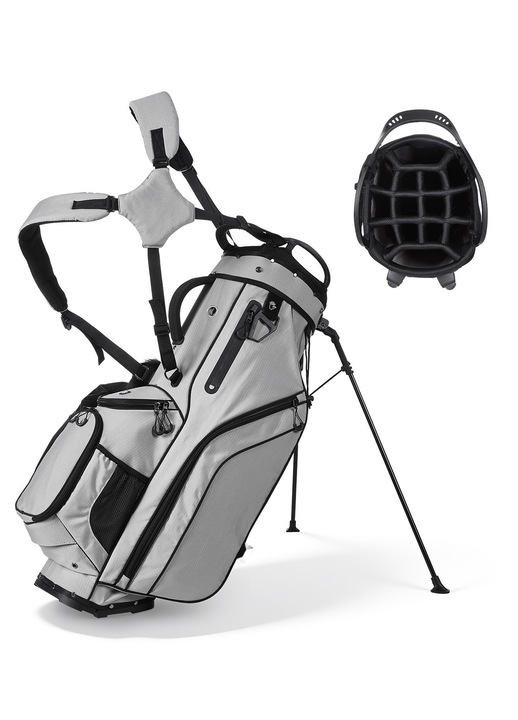 Geanta crose golf, Tip carucior 2‑in‑1 cu stand, Organizator 14 compartimente pe toata lungimea, Bretele duble umar, Picioare suport, Husa ploaie, Usoara poliester