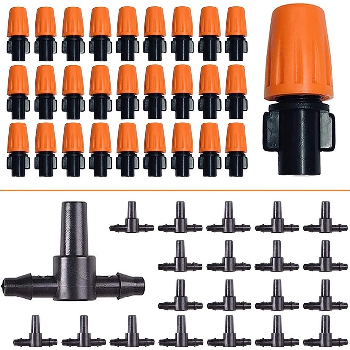 Set 50 irigatoare reglabile micro spray, plastic portocaliu, 0.7x0.9m raza, 8-10L/h, cu 50 conectori tip T