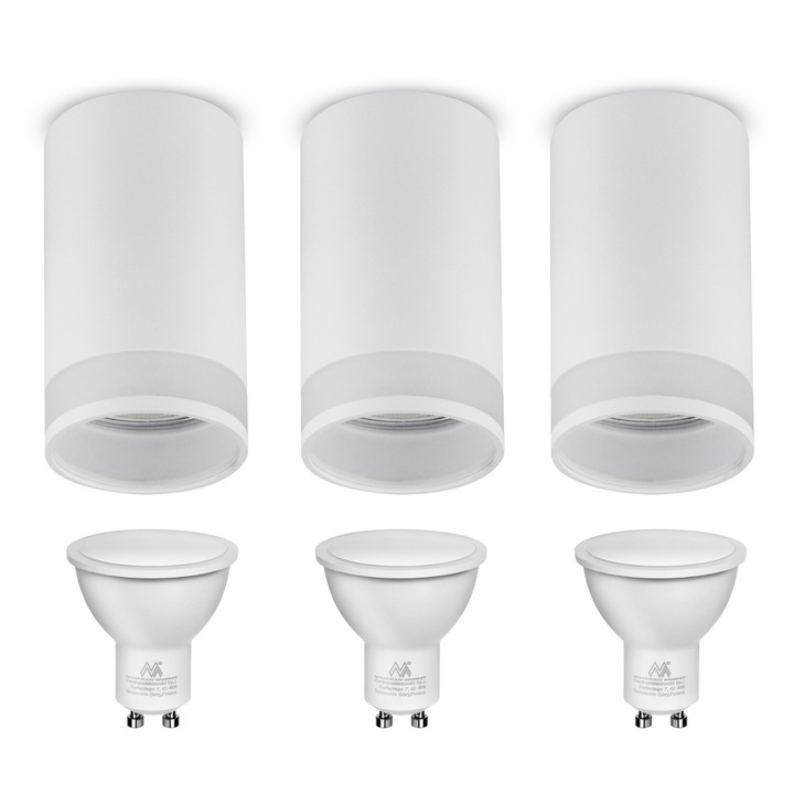 3x Maclean tubus spotlámpa készlet, felületre szerelhető / tubus, kerek, alumínium, GU10, 55x130mm, fehér, MCE361 W + 3 db GU10 7W Maclean Energy MCE437 WW meleg fehér 3000K LED izzó, 220-240V~, 50/60Hz