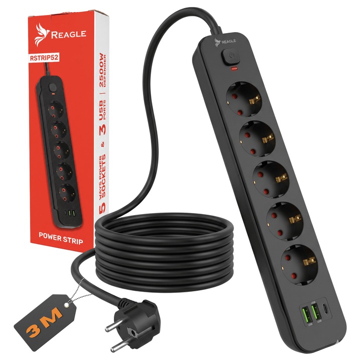 Разклонител REAGLE, 2500W, 5 шуко контакта, 1 x USB-C, 2 x USB-A, Дължина на кабела 3м, Мед, H05VV-F 3*1, 5 mm², Превключвател с LED осветление, Защита от претоварване и свръхток, Огнеупорен материал, Заземяване, Защита за деца, Черен
