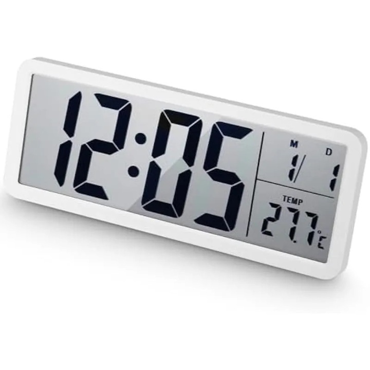 Digitális falióra, naptár, hőmérséklet, USB és elemes tápellátás, fehér, 30x15cm