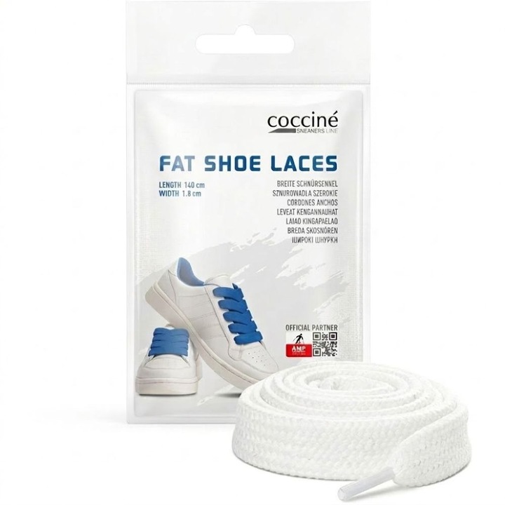 Sireturi Late Sintetice 140cm, 18mm - Coccine Sneakers Line Fat Shoe Laces, Alb