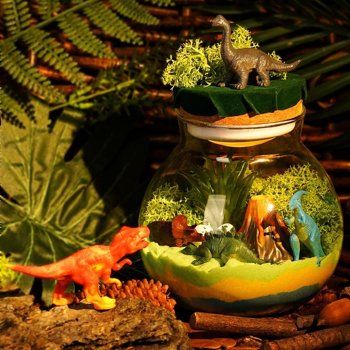 Dinoszaurusz terrárium készlet, Winnrok, LED háttérvilágítással, éjszakai fénnyel, többszínű, műanyag, oktató játék, dekoráció