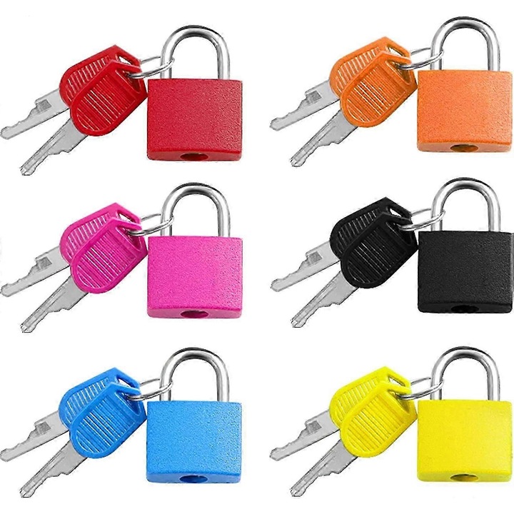 6 db mini lakat készlet, sárgaréz és cink ötvözet, színes, 3.3x2.1cm, 2 kulccsal