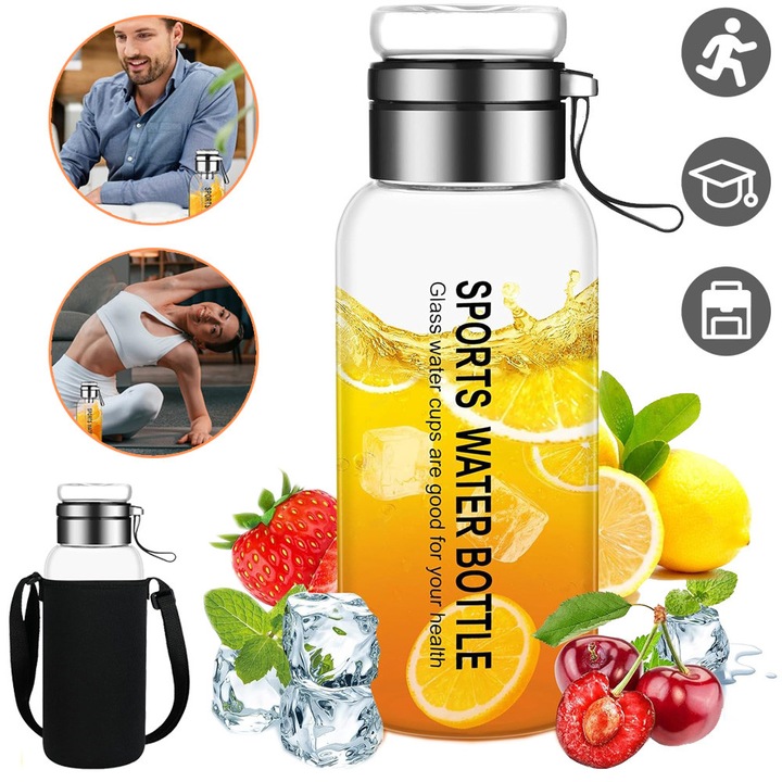 Üveg Vizespalack, 1 Liter, Üveg Ivópalack Rozsdamentes Acél Szűrővel, Szivárgásmentes és BPA-mentes, Tea/Gyümölcs Infúzióhoz Otthonra, Iskolába, Utazáshoz
