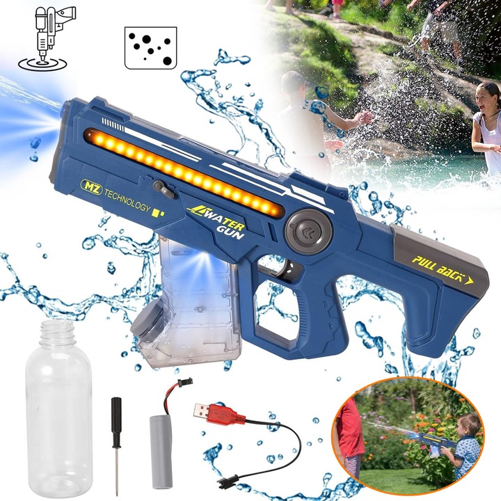 Pistol Cu ​​Apa Electric, Reumplere Automata A Pistolului Cu Apa, Alimentat Cu Baterii, Cu Raza Lunga De Actiune, Cu Lumina, Jucarie Pentru Adulti, Copii Si Baieti, Pentru Piscina In Aer Liber, Vara